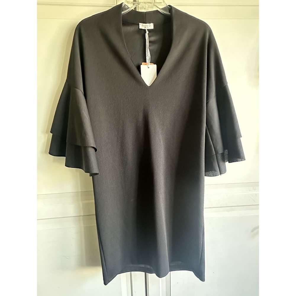 Suzy D Scuba Dress Womens Medium Ruffle Sleeve V-Neck Knee Length Black New
